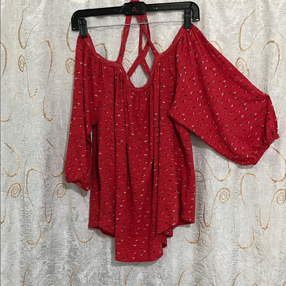 🌺Lucky Brand Red Off-Shoulder Blouse - Picture 3 of 4